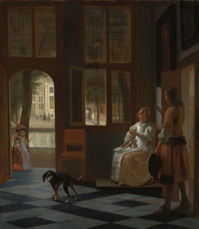 Man Handing a Letter to a Woman in the Entrance Hall of a House