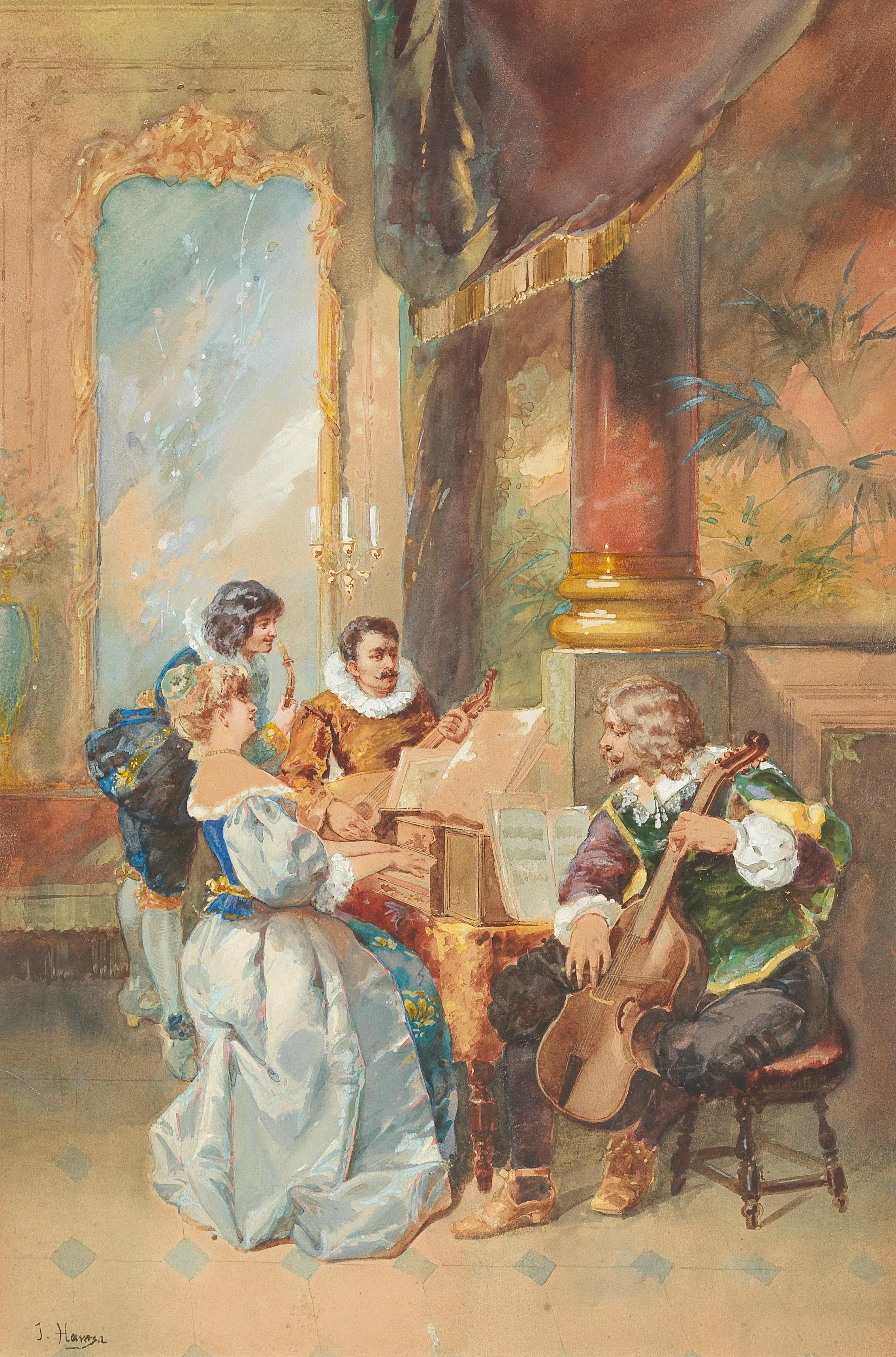 Music making in the house, a quartet in a baroque ambiance（室内での合奏、バロック空間での四重奏）